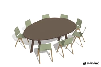 Ronde bruine vergadertafel met 8 groene stoelen met houten poten, isometrische weergave.