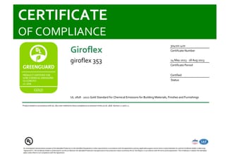 UL GREENGUARD Gold certificaat voor Giroflex giroflex 353, geldig van mei tot augustus 2023, certifikatnummer 304101-420.