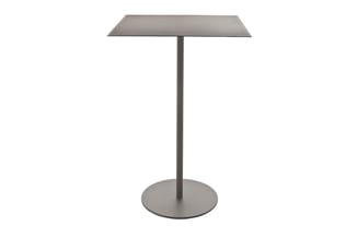Staande bartafel met grijs metalen blad en centrale zuil, ronde voetplaat, minimalistische vorm.