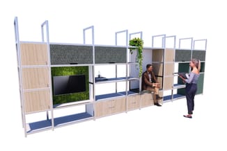 Modulaire kantoorelementen met witte aluminium frame, houten panelen, grijze akoestiekpanelen, werkplekken met blauwe zitgede