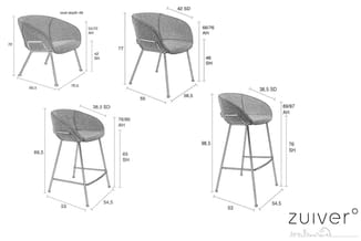 Vier grijze stoelen met ronde rugkussens en metalen poten in verschillende hoogtes. Technische tekeningen met afmetingen en z