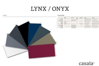 Lynx/Onyx kleurenpalet met 8 kleuropties: wit, lichtgrijs, grijs, zwart, blauw, softpetrol, beige en fuchsia. Inclusief PMS,
