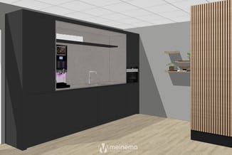 Moderne keuken met zwarte kasten, grijze werkblad, ingebouwde apparaten, open houten planken en houten vloer in kantoorruimte