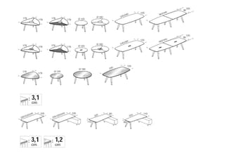 UFO-vormige vergadertafels in verschillende maten en uitvoeringen (rond en rechthoekig), met driepoot onderstel. Technische t