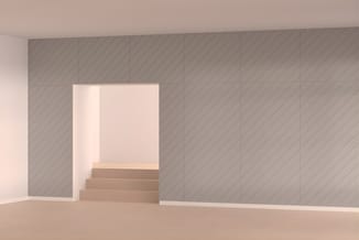 Moderne kantoorruimte met grijze wandbekleding, houten trappen en witte verticale elementen tegen neutrale achtergrond.