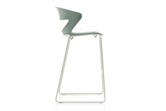 Groene barkruk met ergonomische Z-vormige rugleuning en wit metalen frame op voetsteun.