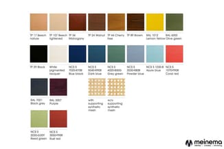 Kleurenpaletkaart met 18 verfopties: naturel-, mahonie-, walnoot- en kersentinten, geel, olijfgroen, zwart, wit, blauw, teale