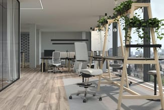 Modern kantoor met houten bureau, grijze ergonomische bureaustoelen, houten plantenrek, glazen wanden en raampartijen met sta