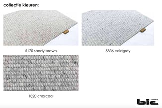 Collectie kleuren tapijt: drie monsters in sandy brown (5170), coldgrey (5836) en charcoal (1820) met weefstructuur zichtbaar