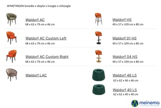 Waldorf stoelenassortiment: draagstoelen, barstoelen en poefs in verschillende kleuren met afmetingen.