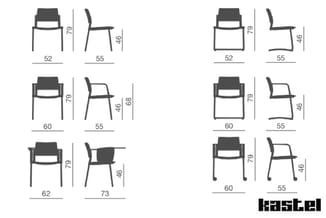 Kastel stoelen: technische tekeningen met afmetingen (breedte, diepte, hoogte) van zes verschillende modellen in voor- en zij
