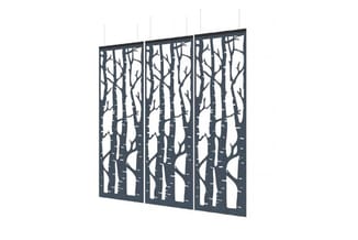 Hangende akoestische scheidingswand met drie panelen, zwart metalen frame met uitgesneden berkenboom-patroon, wit doorschijne