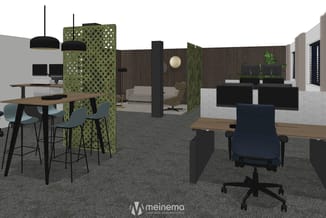 Modern kantoor met houten tafel, grijze stoelen, groene scheidingswanden, zwarte hanglampen, werkplekken en zithoek met grijz