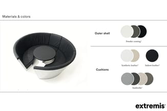 Ronde bureaustoel Extremis met zwarte bekleding en witte basis. Overzicht beschikbare materialen: kunststof coating, syntheti