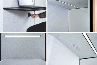 Akoestische wand in lichtgrijs met zwarte frame, zwart plafondpaneel met geluidsabsorptie, montagedetails en interieurinbouw