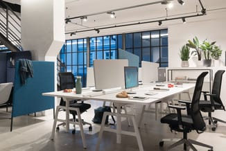 Modern kantoor met witte werkdafels, zwarte bureaustoelen, blauwe akoestische schermen, computers, planten en grote raamparti