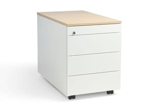 Witte bureaucontainer met houten blad, drie lades en wielen, voor onder het bureau.