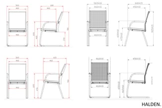 Technische tekeningen van stapelbare vergaderstoelen HALDEN met afmetingen, weergegeven in voor-, zij- en bovenaanzicht met m