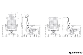 Technische tekeningen van ergonomische bureaustoel in voor- en zijkant met afmetingen en aanpassingsmogelijkheden gemarkeerd.