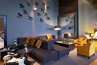 Moderne lounge met donkergrijs modulaire bank, gele fluwelen fauteuils, zwarte tafels, blauwe muren en vogeldecoraties aan de