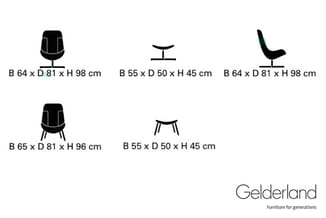 Gelderland productoverzicht: twee zwarte stoelen, twee tafels en één bijzettafel met afmetingen in centimeters.