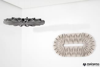 Twee hangende akoestische panelen: één donkergrijs lineair ontwerp bovenaan, één beige ovaal ontwerp onderaan met golfvormige