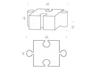 Technische tekening van modulair puzzelstuk-vormig meubel. Afmetingen: 85 cm breed, 30 cm diep, 55 cm hoog. Isometrisch en bo