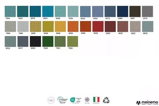 Kleurenpalette met 28 stoffalen in tinten blauw, groen, grijs, geel, oranje, rood en bruin, genummerd van 1006 tot 8532.