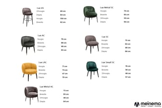Overzicht van 8 stoelmodellen (Lux HS, Lux Metal SC, Lux AC, Lux SC, Lux LAC, Lux Small SC, Lux Metal AC) met afmetingen in c