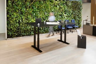 Zwarte vergadertafel met blauwe stoelen in kantoor met groene levende wand, houten vloer en raam.