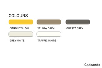 Kleurenkaart met vijf opstellingen: Citron Yellow, Yellow Grey, Quartz Grey, Grey White en Traffic White.