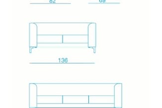 Technische tekening vier banken in verschillende breedtes (82cm, 69cm, 136cm, 190cm) met zijkanten, zitvlak en rugleuning aan