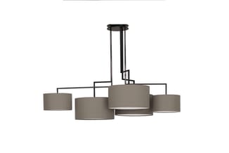 Hanglamp met zwart metalen frame en vijf taupe/grijze cilindervormige stoffenkappen, verschillende hoogtes, centraal opgehang