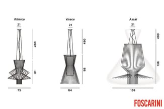 Drie hangende design lampen van Foscarini: Ritmico (75x490cm), Vivace (64x490cm) en Assai (136x490cm) met verticale lamellen