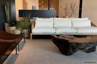 Showroom met lichte houten bank met witte kussens, bruin houten salontafel, plantenbakken met grassen, grijze tapijt en donke