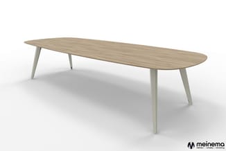Vergadertafel met afgeronde uiteinden, naturel houten blad en grijsgroene houten poten, renders tegen witte achtergrond.