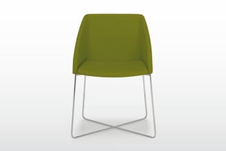 Groene stoel met gebobbelde zitting en rugleuning, chromen sledepoten in X-vorm.