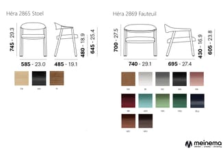 Héra 2865 Stoel en Héra 2869 Fauteuil met afmetingen en kleurvarianten (naturel, zwart, noten, bruin, grijs, groen, rood).