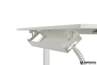 Wit elektromechanisch tafelonderstel met kabelgoot, gedetailleerd onderaanzicht van het mechanisme en ophangbeugel.