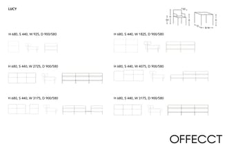LUCY modulair bankstelsel: verschillende configuraties met zit- en armleuningen in grijs, diverse breedtes van 925 tot 4075mm