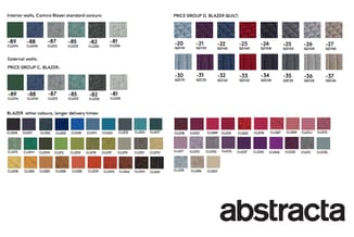 Camira Blazer kleurenpalette voor binnenmuren, buitenmuren en quilts met codes. Standaardkleuren en uitgebreide opties in gro