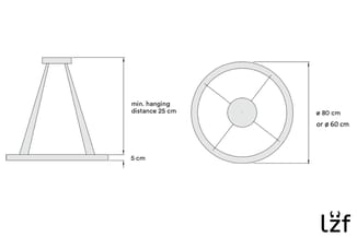 Technische tekeningen: tripod hanglamp met 25cm minimale hanghoogte en plafondmontagevoet, en ronde diffuser in twee maten (Ø