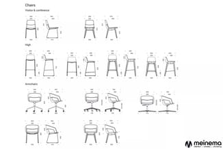 Technische tekeningen van bezoekers- en conferentiestoelen, hoge stoelen en fauteuils met afmetingen in millimeters.
