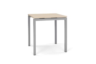 Hoog tafelblad met licht houtfineer op grijs metalen frame, rechthoekige vorm, geschikt voor staand werken of bistro-opstelli