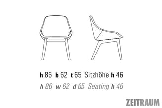Technische tekening van twee stoelen met afmetingen: hoogte 86cm, breedte 62cm, diepte 65cm, zithoogte 46cm. Vooraanzicht en