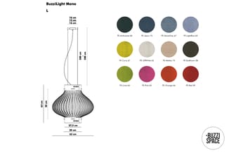BuzziLight Mono hanglamp in 12 verschillende stoffen: technische tekening met afmetingen en kleurmonsterpalet van donkergrijs