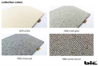Vier stoffalen van tapijttegel in crème, grijs, lichtblauw en beige-bruin met kleurnummers 1870, 1860, 1820 en 1880.