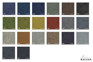 Kleurstalen van wollen stoffen in nummers 160 tot 990, met tinten blauw, groen, bruin, grijs, rood en geel.