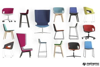 Collectie kantorstoelen in verschillende uitvoeringen: wipstoel, barstoel, draaistoel en vaste stoel met diverse kleuren, mat