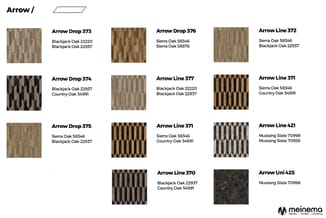 Arrow collectie met 9 druppelvormige en lijnpatronen in verticale strepen. Materialen: Blackjack Oak, Sierra Oak, Country Oak